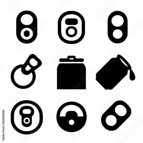 Soda Can Icons. hose limbs, gloved hand, big expressive eyes, simplified smile, speech balloon, starburst backdrop, striped circle