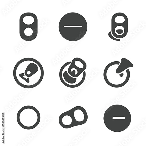Soda Can Mechanics Icons. Flat icon set of soda can opening mechanics: pop tab, scored lid, ring pull, fulcrum point, hinge crease