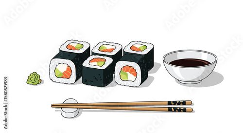 Delicious Salmon Avocado Sushi Rolls Served With Soy Sauce Wasabi And Chopsticks