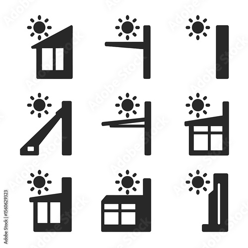 Solar Architecture Icons. Solid, Filled icon set of solar-aware architecture: south-facing window, overhang shade, thermal-mass