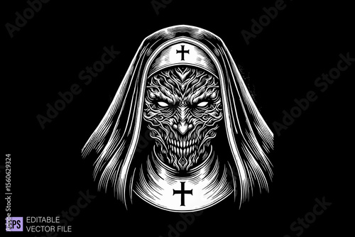 Nun tattoo dark art scary creepy illustration engraving style tattoo vector black and white background templates