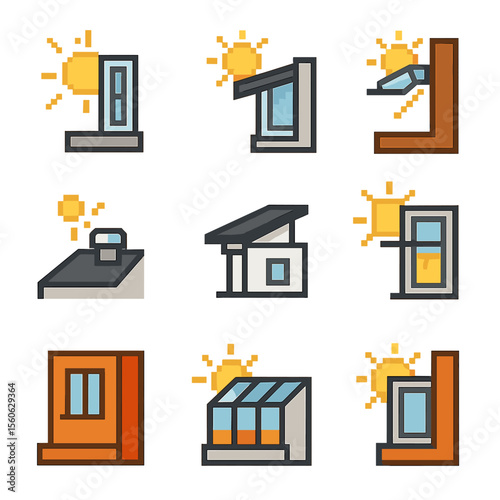 Solar Architecture Icons. Pixel art icon set of solar-aware architecture: south-facing window, overhang shade, thermal-mass wall,