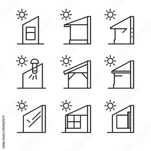 Solar Architecture Icons. Outline icon set of solar-aware architecture: south-facing window, overhang shade, thermal-mass wall,