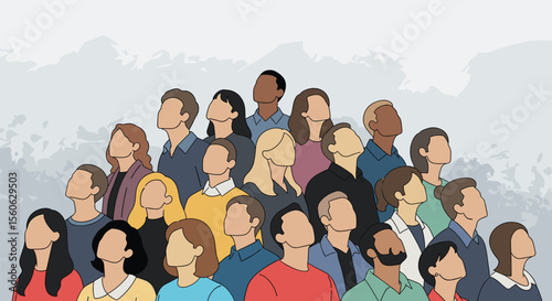 Diverse Group of People Looking Upwards Towards the Sky in a Crowd Illustration