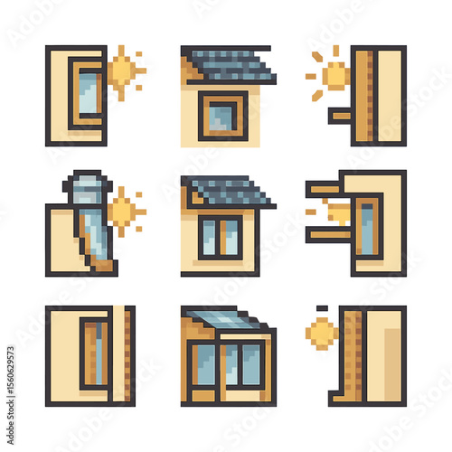 Solar Architecture Icons. Pixel art icon set of solar-aware architecture: south-facing window, overhang shade, thermal-mass wall,