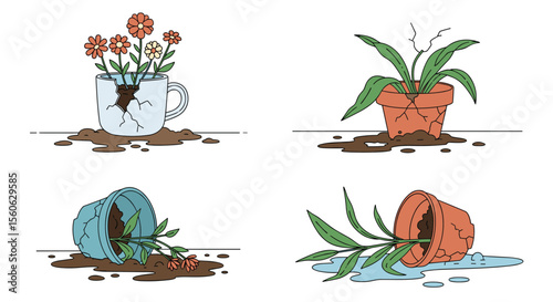 Creative Plant Pots Showcasing Broken Vessels and Spilled Soil for Garden Design