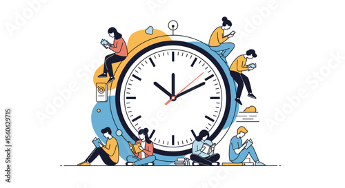 People around a clock concept of time management and productivity illustration