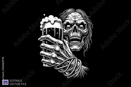 beer glass dark art scary creepy illustration engraving style tattoo vector black and white background templates