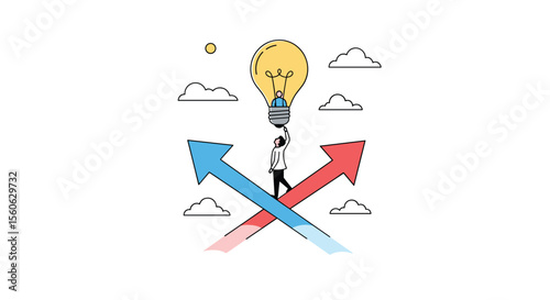 A person balancing between two opposing arrows while holding a bright idea light bulb above their head representing decision making and innovation