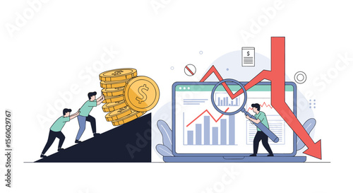 Financial analysis and economic growth challenges with market decline illustration
