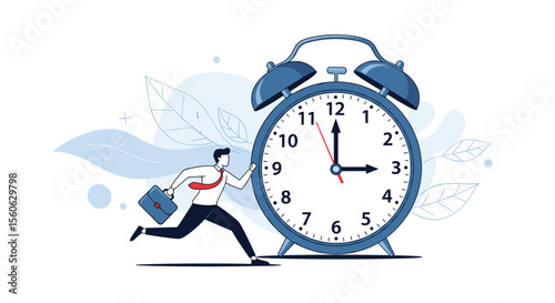 Businessman Rushing Towards Large Alarm Clock Showing Time to Act Urgently