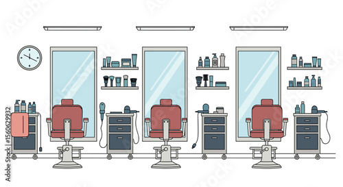 Professional Hair Salon Interior With Barber Chairs Mirrors And Styling Products