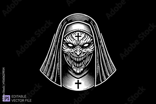 Nun tattoo dark art scary creepy illustration engraving style tattoo vector black and white background templates