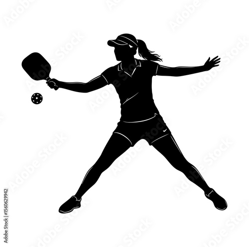 Silhouette of a Female Pickleball Player in Action Ready to Strike the Ball with Paddle Positioned for an Energetic Game
