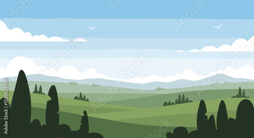 Pixel Art Italian Countryside Landscape with Rolling Hills and Cypress Trees Under a Blue Sky