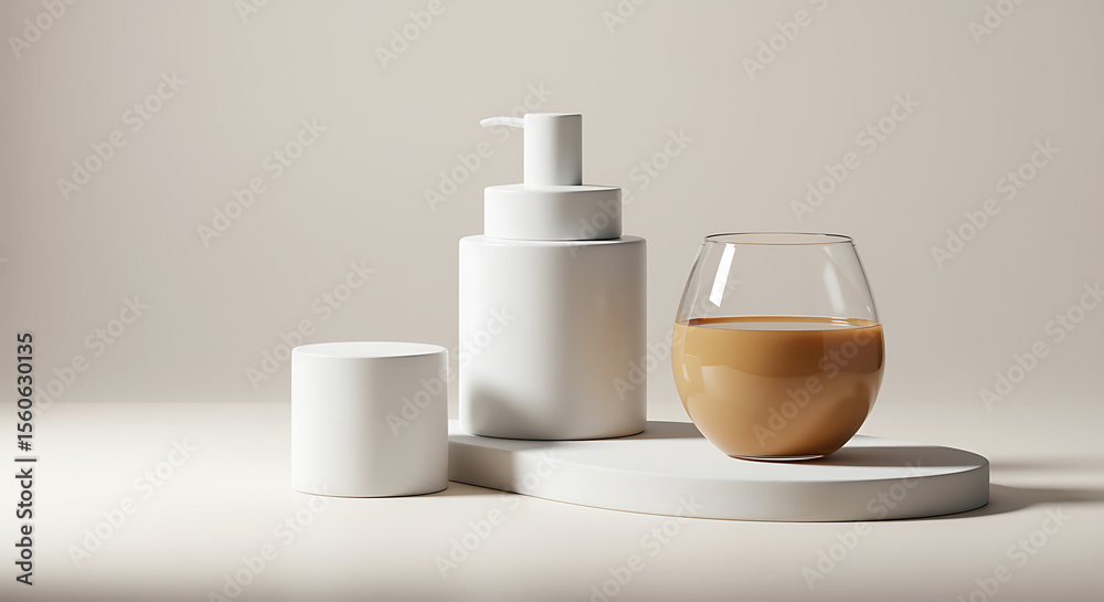White dispenser bottle and glass of beverage liquid