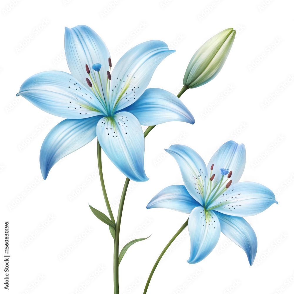 Fototapeta premium Beautiful light blue lily flowers with a bud isolated on transparent background