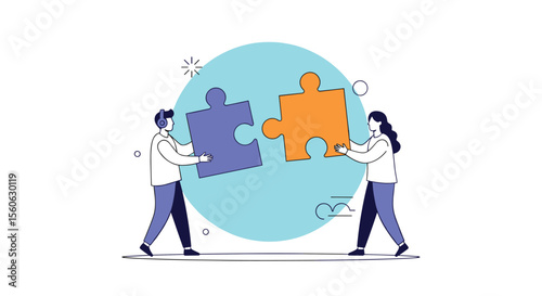 Two people collaborating to connect puzzle pieces for problem solving and teamwork