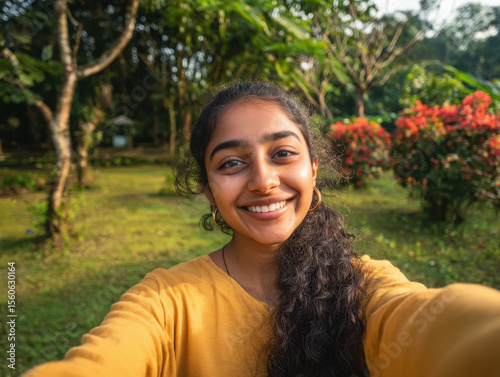 young beautiful indian girl taking selfie with mobile at park