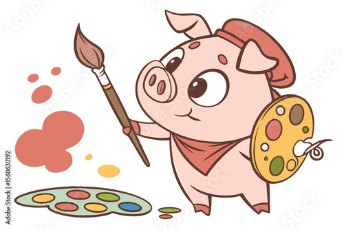 Vector cute Pig cartoon character, holding a paintbrush and palette, artistic and focused expression, surrounded by colorful splatters, isolated on white background