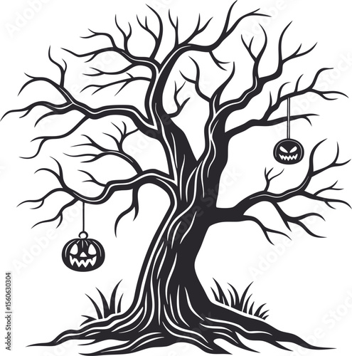 Black and white silhouette illustration of a tree with roots and birds on its branches, symbolizing nature's growth through changing seasons
