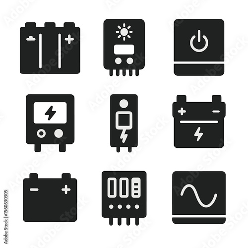 Solar Energy Icons. Solid, Filled icon set of solar energy storage: battery bank, charge controller, inverter, energy meter, DC