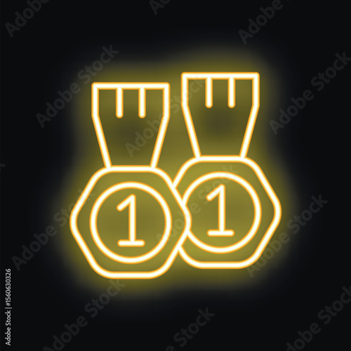 Two glowing neon first place medals are hanging side by side with a black background
