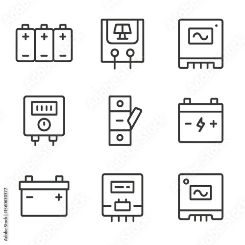 Solar Energy Icons. Outline icon set of solar energy storage: battery bank, charge controller, inverter, energy meter, DC breaker,