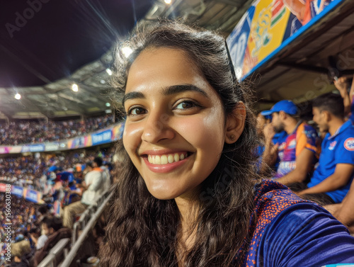 young indian girl taking selfie with mobile in stadium