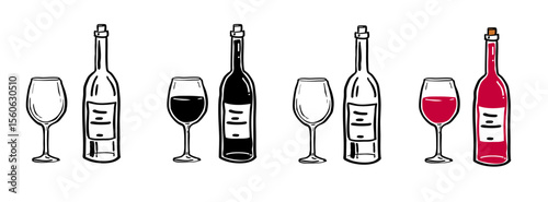 Illustration of red wine drink with bottle set. Vector wine glass and wine bottle, black and line