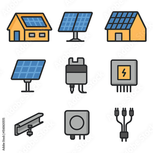 Solar Installation Icons. Flat icon set of solar panel installations: rooftop panels, ground-mount array, solar shingles, tracking