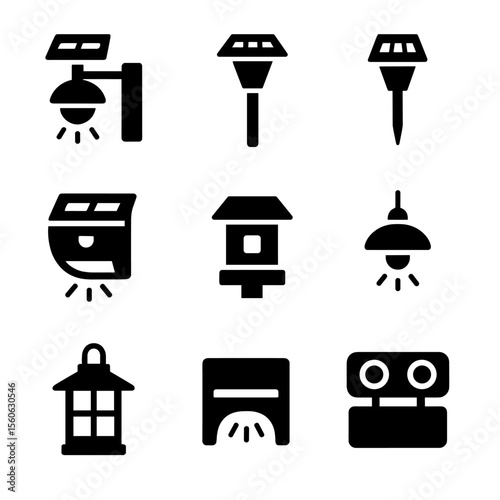 Solar Lighting Icons Grid. Solid, Filled icon set of solar-powered lighting: exterior wall light, pathway lamp, garden stake light