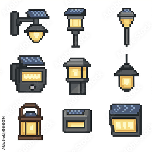 Solar Lighting Icons. Pixel art icon set of solar-powered lighting: exterior wall light, pathway lamp, garden stake light, motion