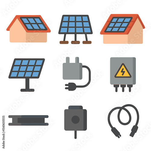 Solar Installation Icons. Flat icon set of solar panel installations: rooftop panels, ground-mount array, solar shingles, tracking
