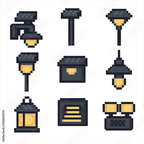Solar Lighting Icons. Pixel art icon set of solar-powered lighting: exterior wall light, pathway lamp, garden stake light, motion