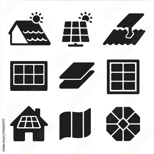 Solar Roof Icon Grid. Solid, Filled icon set of solar roof materials: solar tile, photovoltaic panel, metal roof mounting,
