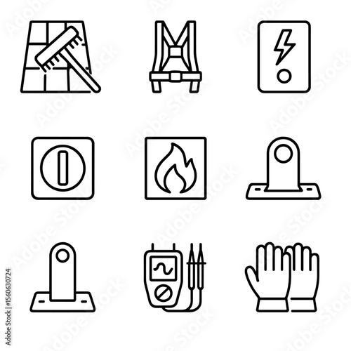 Solar Safety Icons. Outline icon set of solar safety and maintenance: panel cleaning brush, safety harness, arc-fault detector, DC