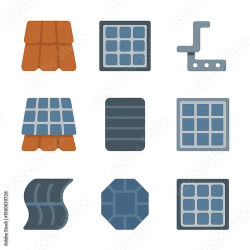 Solar Roof Icons. Flat icon set of solar roof materials: solar tile, photovoltaic panel, metal roof mounting, integrated module,