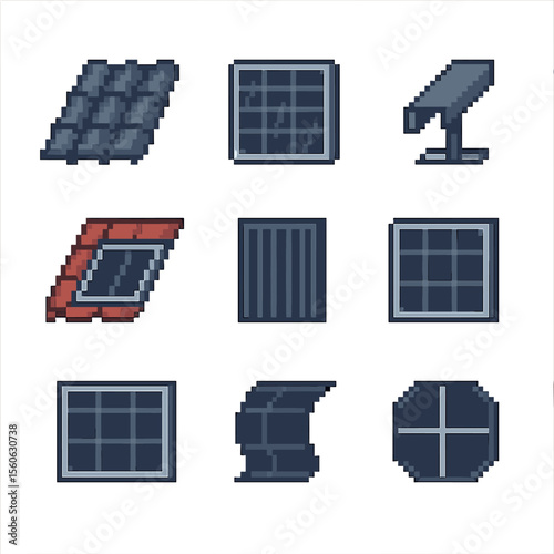 Solar Roof Icons. Pixel art icon set of solar roof materials: solar tile, photovoltaic panel, metal roof mounting, integrated