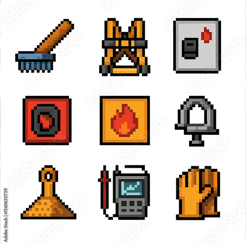 Solar Safety Icons. Pixel art icon set of solar safety and maintenance: panel cleaning brush, safety harness, arc-fault detector,
