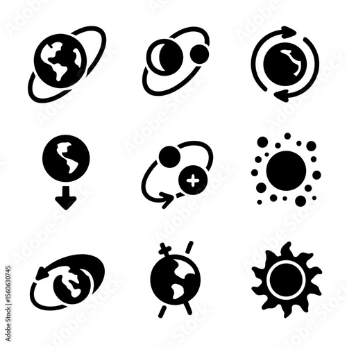 Solar System Icons. Solid, filled icon set of solar system mechanics: Earth orbit, moon orbit, planetary rotation, gravitational