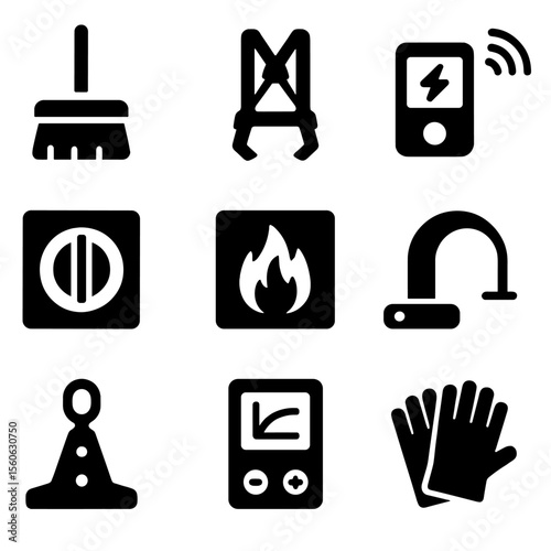 Solar Safety Icons. Solid, Filled icon set of solar safety and maintenance: panel cleaning brush, safety harness, arc-fault