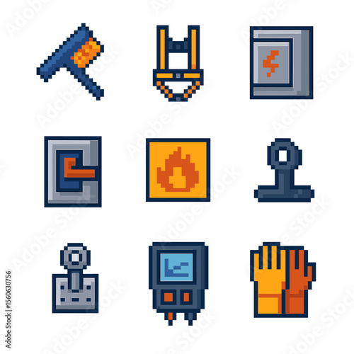 Solar Safety Icons. Pixel art icon set of solar safety and maintenance: panel cleaning brush, safety harness, arc-fault detector,