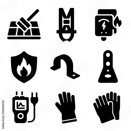 Solar Safety Icons. Solid, Filled icon set of solar safety and maintenance: panel cleaning brush, safety harness, arc-fault