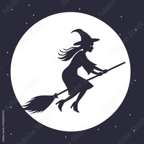Halloween witch flying on a broom across a spooky dark moonlit night sky, a black cat silhouette illustration