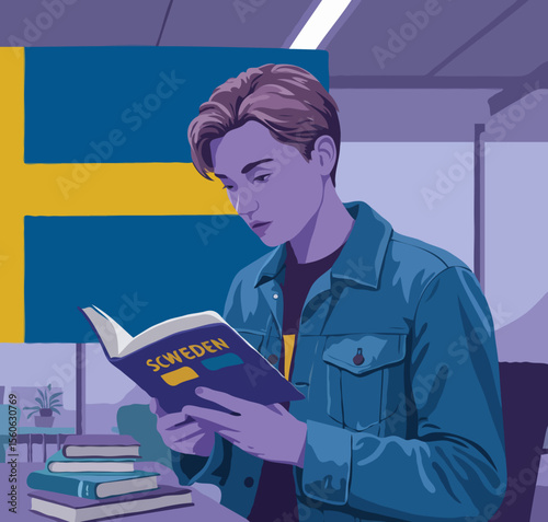 Young Caucasian man focused on studying from a book with a Swedish flag in the background