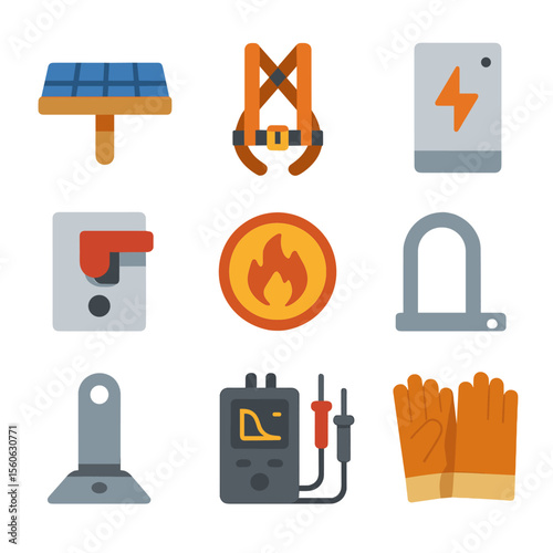 Solar Safety Icons. Flat icon set of solar safety and maintenance: panel cleaning brush, safety harness, arc-fault detector, DC
