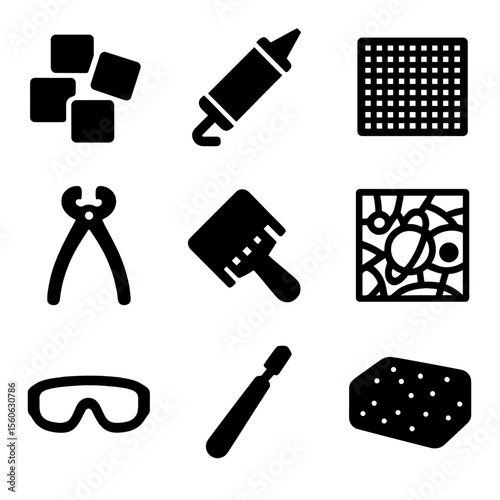 Solar System Art Tools. Solid, Filled icon set of solar system mosaic art: tile pieces, grout tube, mesh backing, nipper pliers,