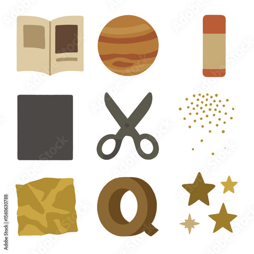 Solar System Collage. Solid, Filled icon set of solar system collage art: magazine cut, planet cutout, glue stick, background