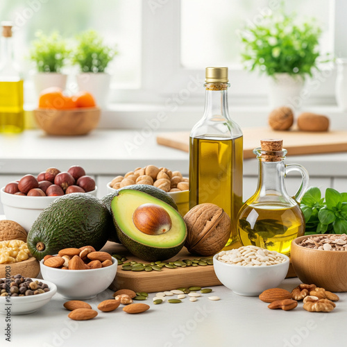 Healthy fats and seeds on white kitchen counter with natural light avocado olive oil nuts and basil in bright food flat lay